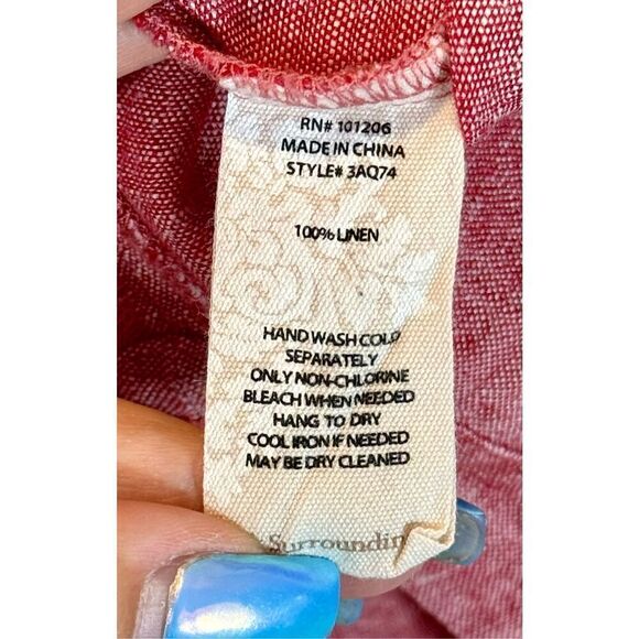 Soft Surroundings Red 100% Linen Long Sleeve Tunic Boating Blouse Top Petite M - Picture 5 of 9